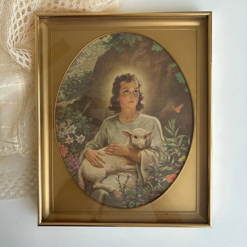 Vintage Jesus Good Shepherd Framed Lithograph Print Gold Tone Frame 8.5x10.5